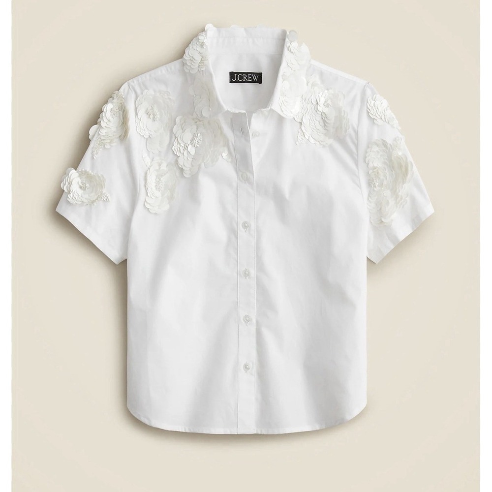 J. Crew Collection Cropped Button up Shirt  Top Floral Appliqués White Sz. 4 New